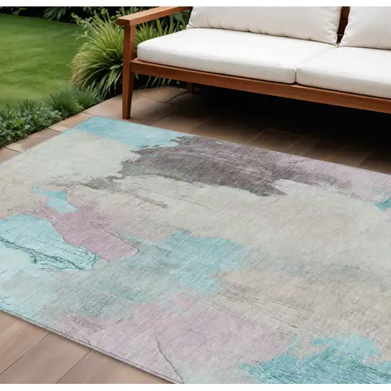 Teal Blue And Beige Abstract Washable Indoor Outdoor Area Rug Photo 2