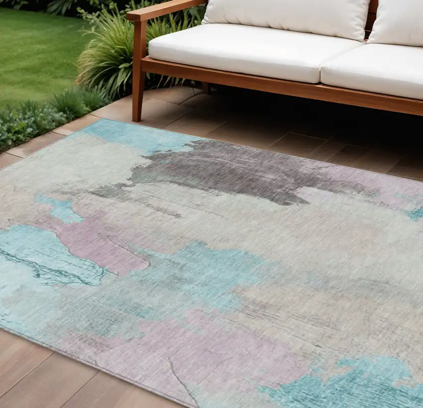 Teal Blue And Beige Abstract Washable Indoor Outdoor Area Rug Photo 2