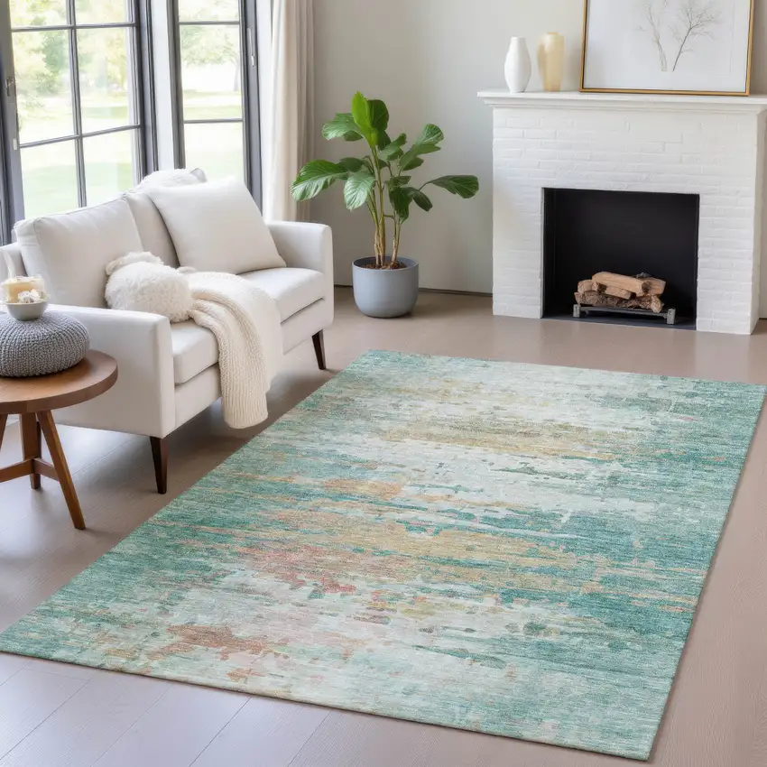 Teal Blue And Beige Abstract Washable Indoor Outdoor Area Rug Photo 4