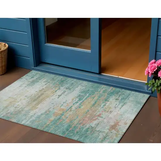 Teal Blue And Beige Abstract Washable Indoor Outdoor Area Rug Photo 2