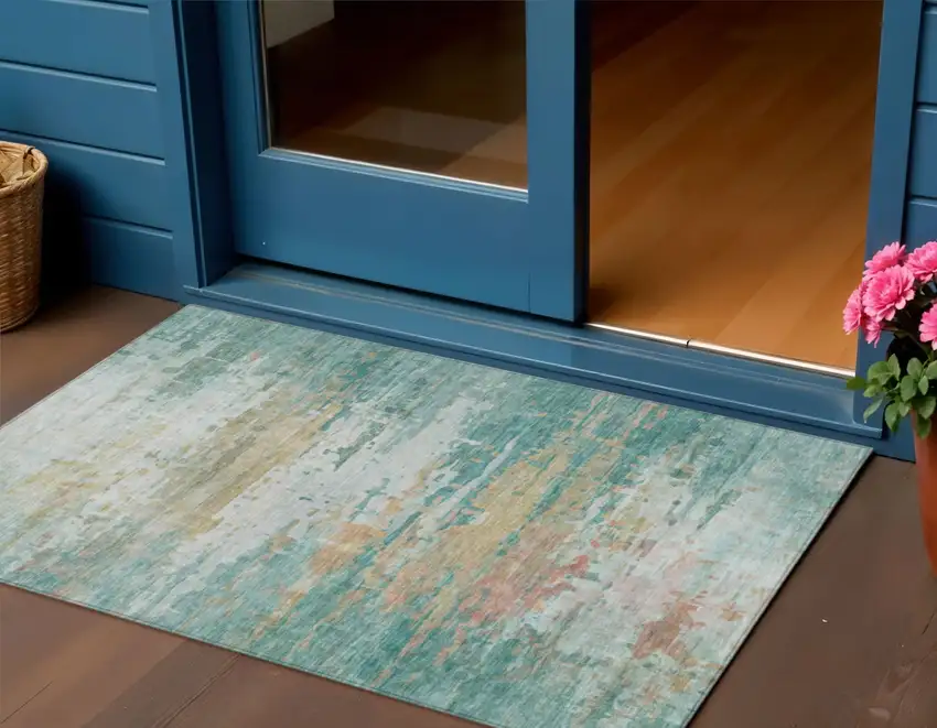 Teal Blue And Beige Abstract Washable Indoor Outdoor Area Rug Photo 2