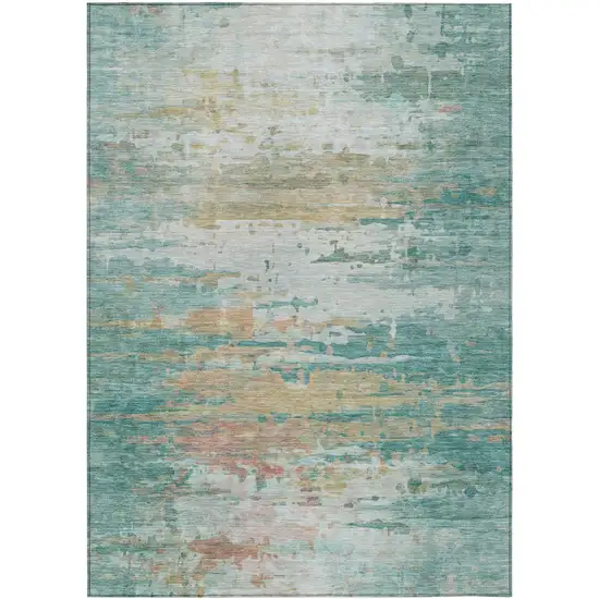 Teal Blue And Beige Abstract Washable Indoor Outdoor Area Rug Photo 7