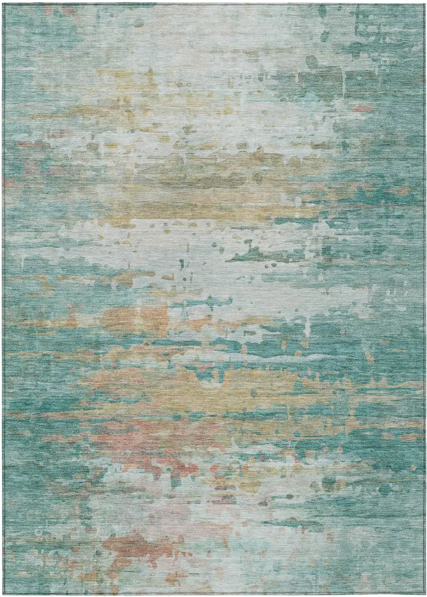 Teal Blue And Beige Abstract Washable Indoor Outdoor Area Rug Photo 7