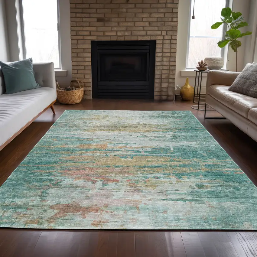 Teal Blue And Beige Abstract Washable Indoor Outdoor Area Rug Photo 5