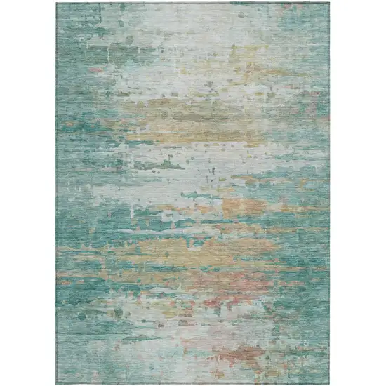 Teal Blue And Beige Abstract Washable Indoor Outdoor Area Rug Photo 9