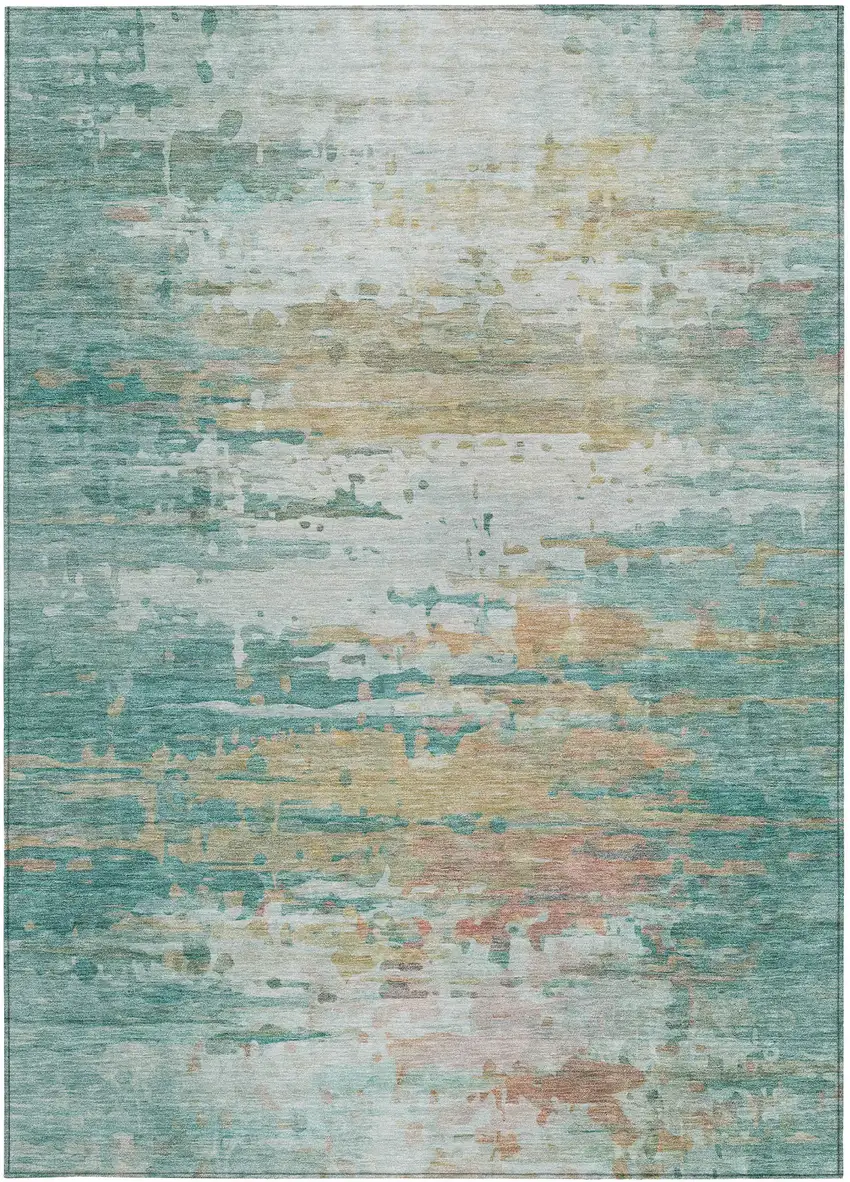 Teal Blue And Beige Abstract Washable Indoor Outdoor Area Rug Photo 9