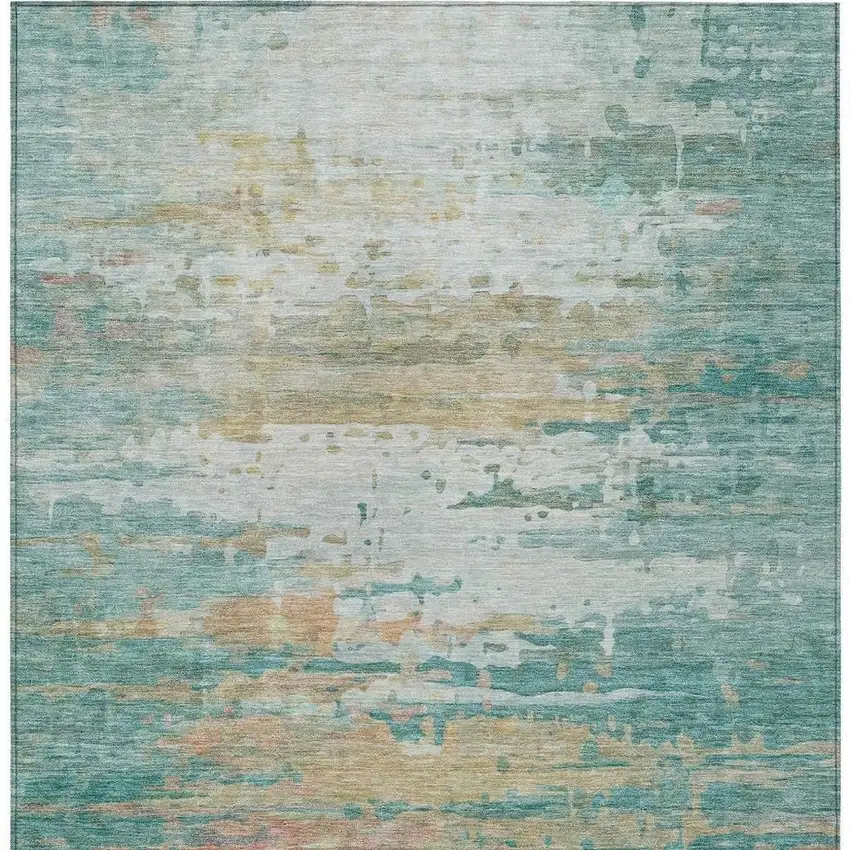 Teal Blue And Beige Abstract Washable Indoor Outdoor Area Rug Photo 8