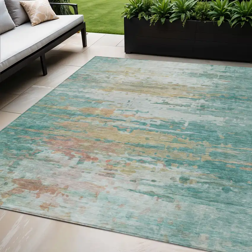 Teal Blue And Beige Abstract Washable Indoor Outdoor Area Rug Photo 2