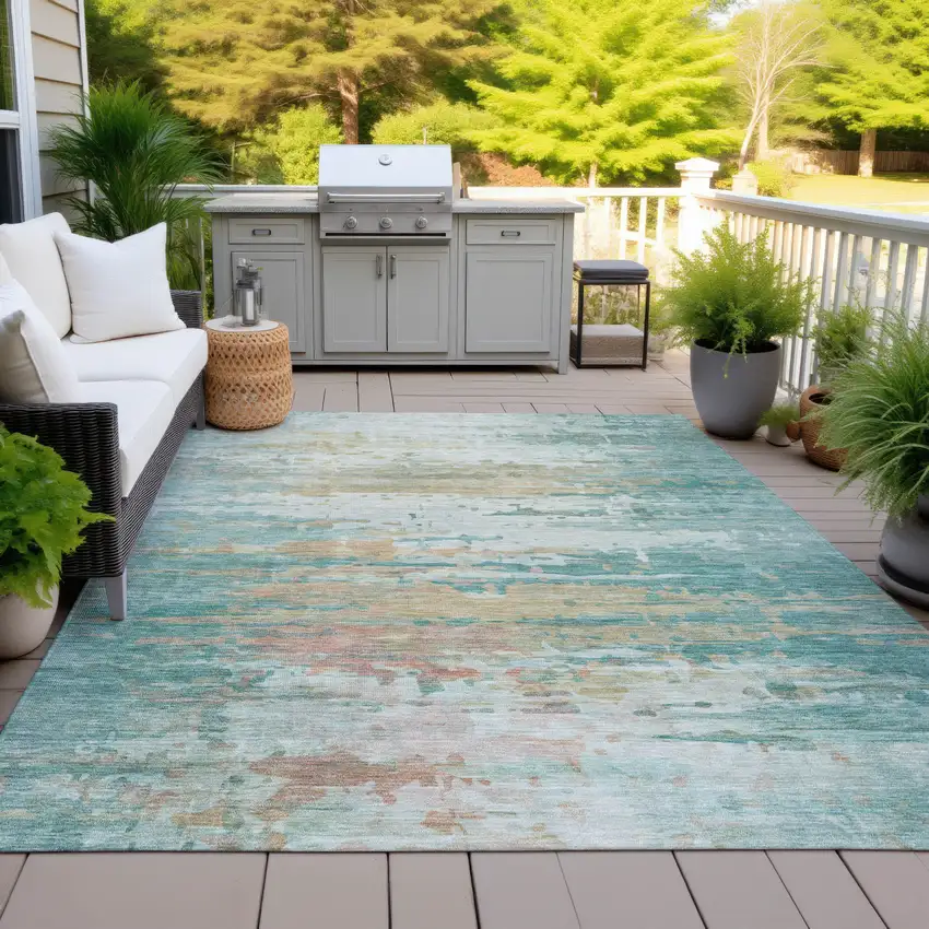 Teal Blue And Beige Abstract Washable Indoor Outdoor Area Rug Photo 4