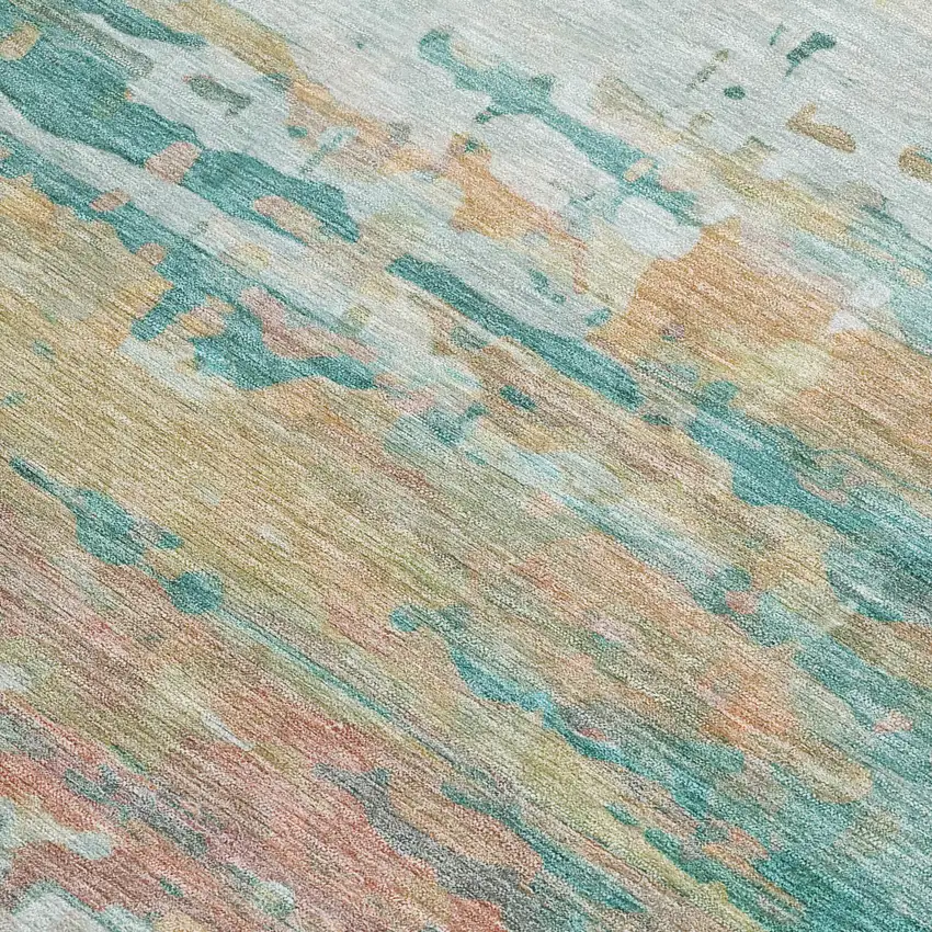 Teal Blue And Beige Abstract Washable Indoor Outdoor Area Rug Photo 3