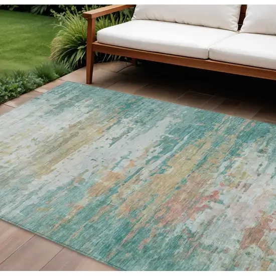 Teal Blue And Beige Abstract Washable Indoor Outdoor Area Rug Photo 2