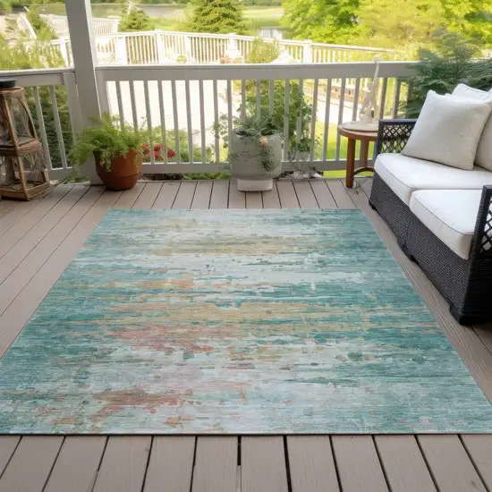 Teal Blue And Beige Abstract Washable Indoor Outdoor Area Rug Photo 7