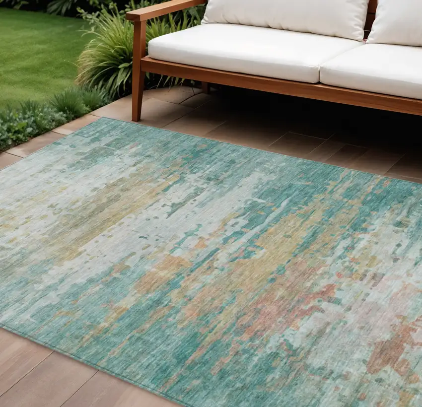 Teal Blue And Beige Abstract Washable Indoor Outdoor Area Rug Photo 2
