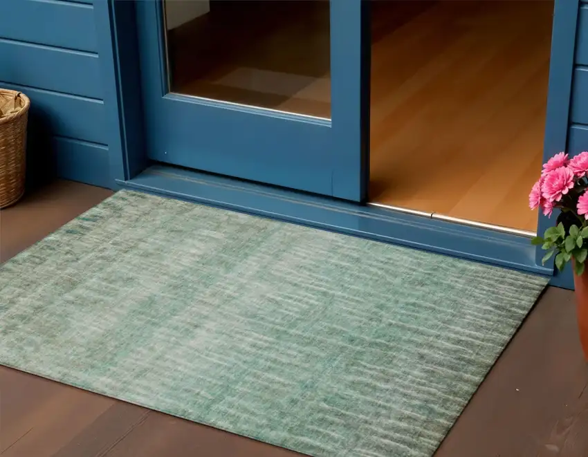 Teal Blue And Beige Abstract Washable Indoor Outdoor Area Rug Photo 1