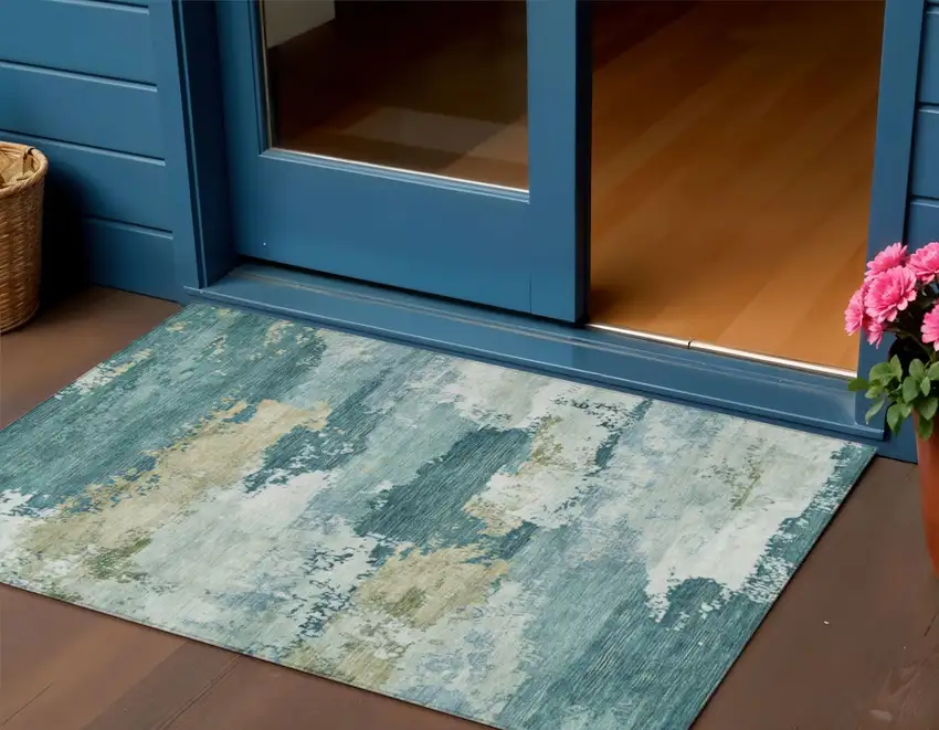 Teal Blue And Beige Abstract Washable Indoor Outdoor Area Rug Photo 1