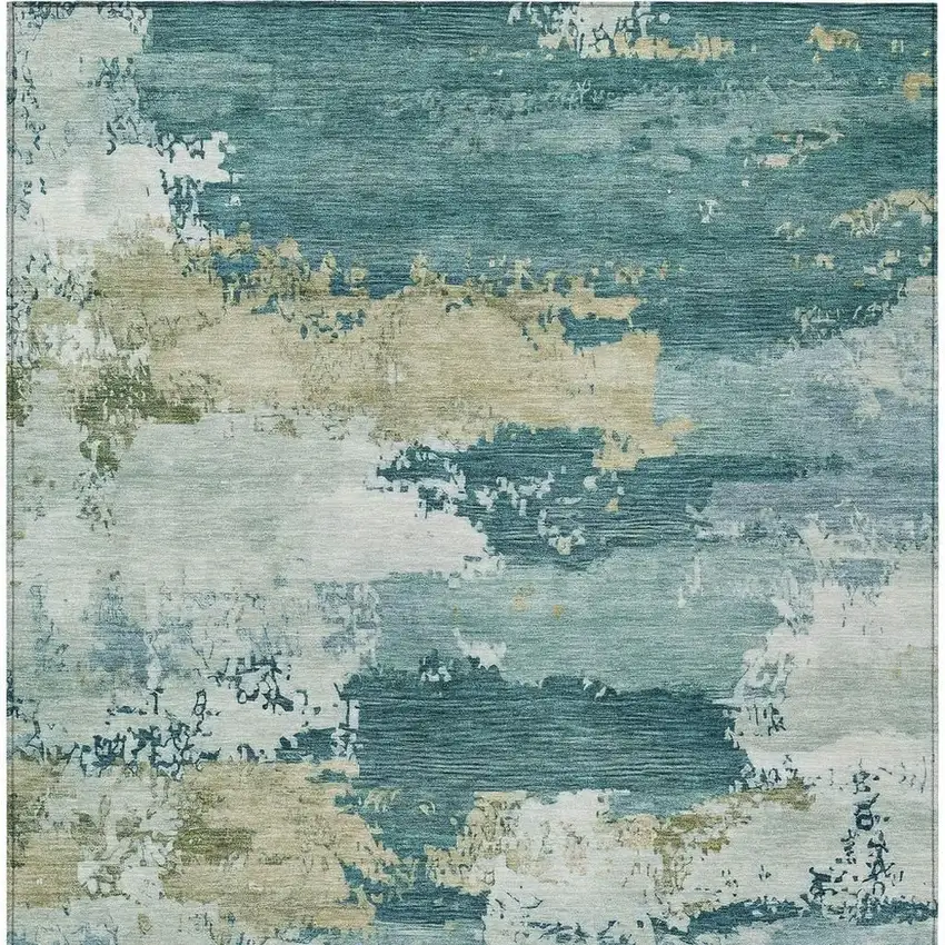 Teal Blue And Beige Abstract Washable Indoor Outdoor Area Rug Photo 3