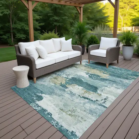 Teal Blue And Beige Abstract Washable Indoor Outdoor Area Rug Photo 5