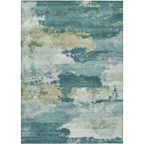 Teal Blue And Beige Abstract Washable Indoor Outdoor Area Rug Photo 7