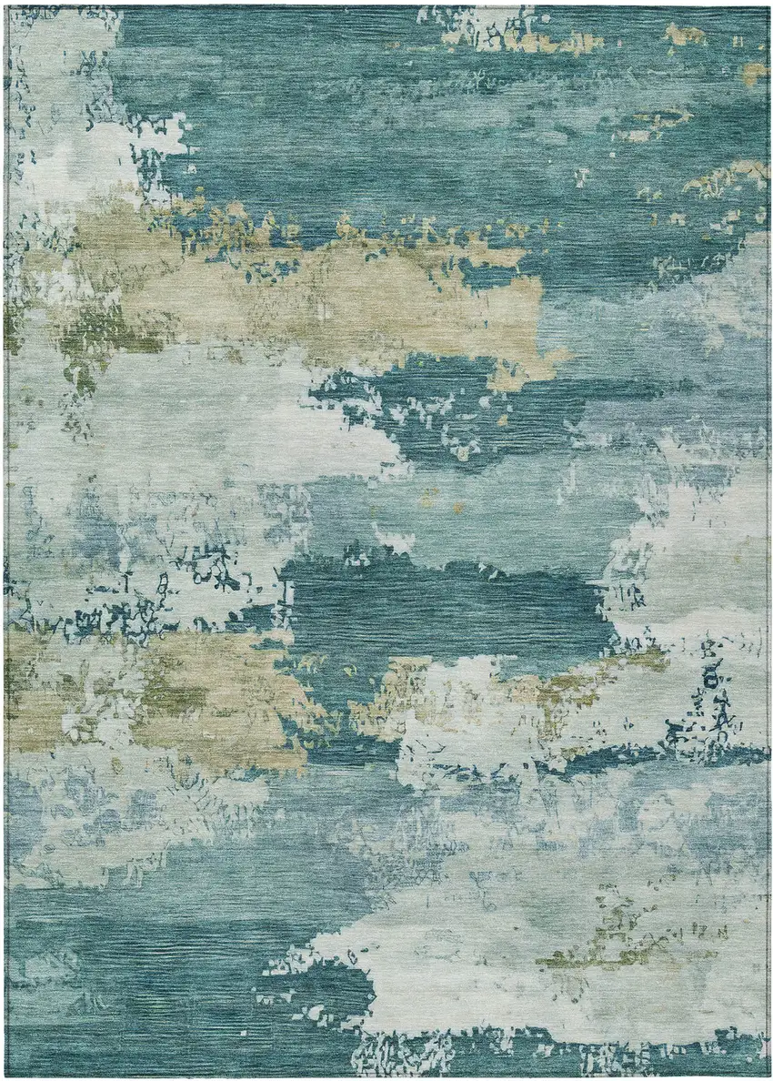 Teal Blue And Beige Abstract Washable Indoor Outdoor Area Rug Photo 7