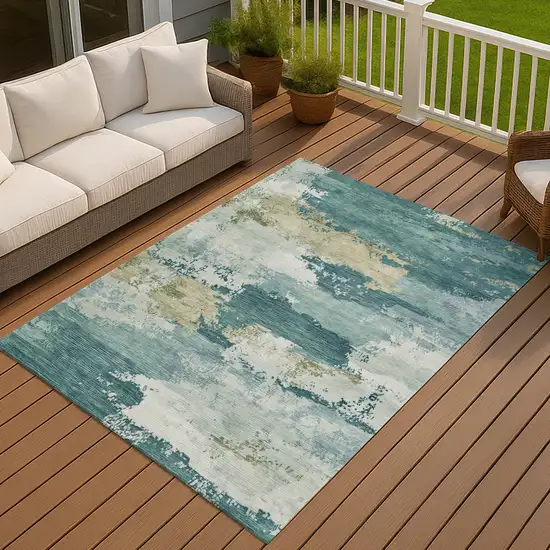 Teal Blue And Beige Abstract Washable Indoor Outdoor Area Rug Photo 2
