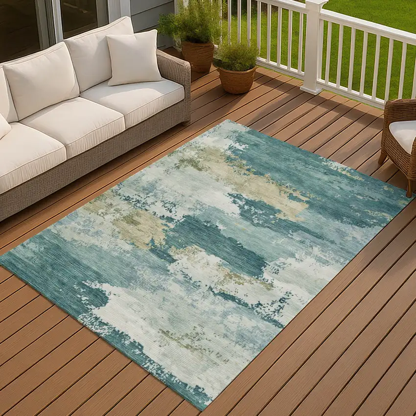 Teal Blue And Beige Abstract Washable Indoor Outdoor Area Rug Photo 2