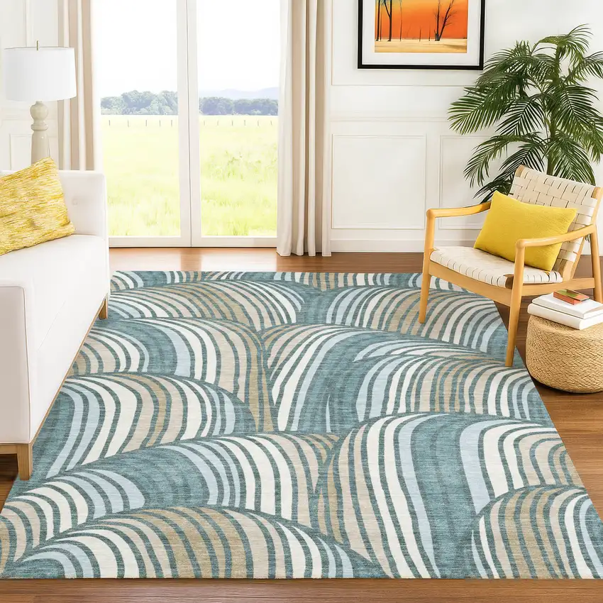 Teal Blue And Beige Abstract Washable Indoor Outdoor Area Rug Photo 6
