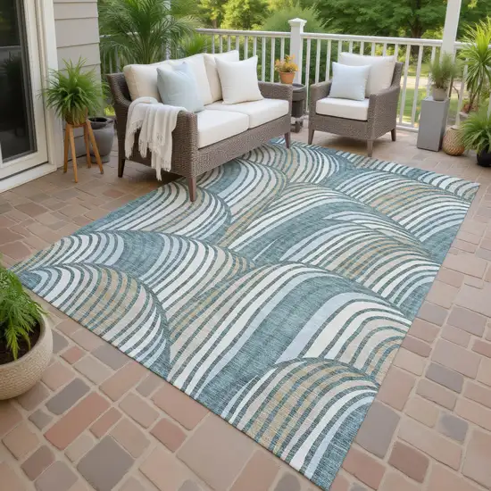 Teal Blue And Beige Abstract Washable Indoor Outdoor Area Rug Photo 4