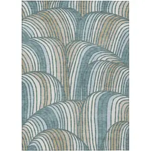 Photo of Teal Blue And Beige Abstract Washable Indoor Outdoor Area Rug
