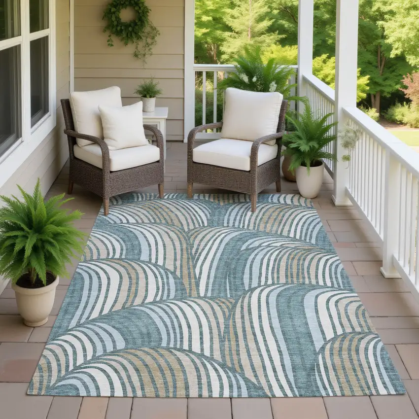 Teal Blue And Beige Abstract Washable Indoor Outdoor Area Rug Photo 7