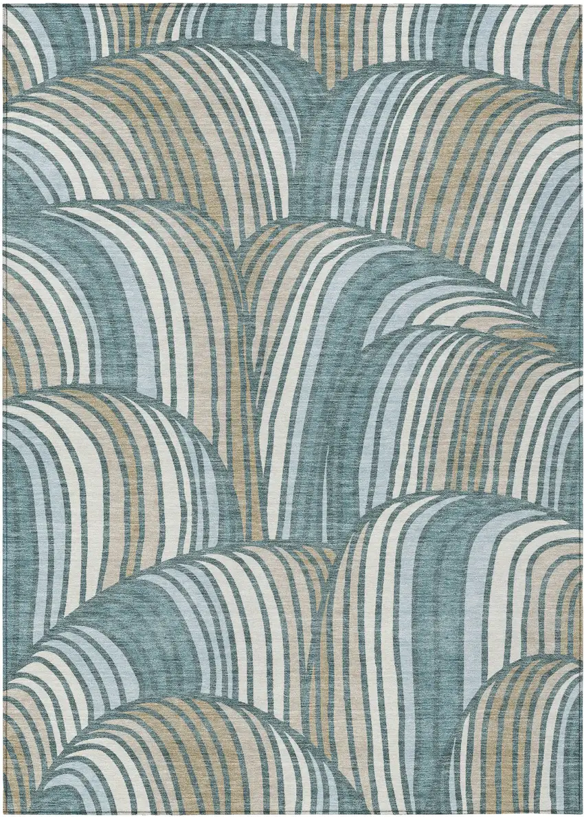 Teal Blue And Beige Abstract Washable Indoor Outdoor Area Rug Photo 1