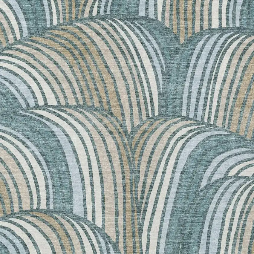 Teal Blue And Beige Abstract Washable Indoor Outdoor Area Rug Photo 2