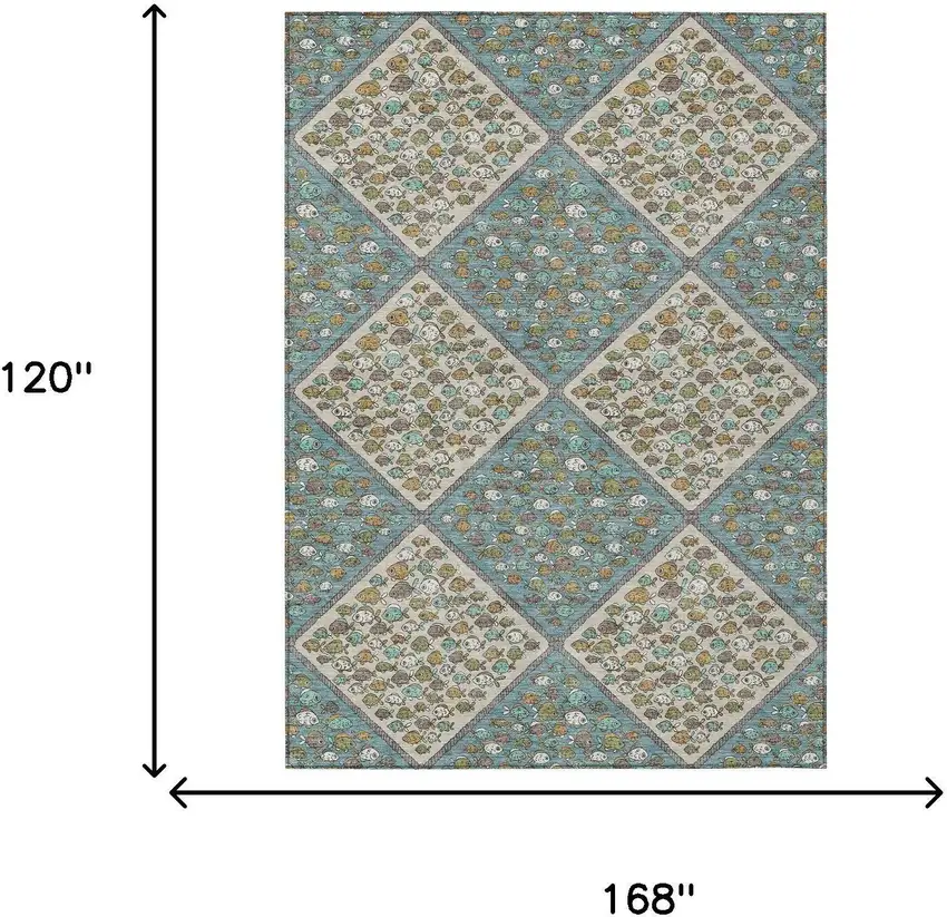 Teal Blue And Beige Abstract Washable Indoor Outdoor Area Rug Photo 6