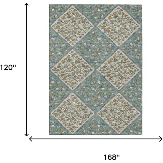 Teal Blue And Beige Abstract Washable Indoor Outdoor Area Rug Photo 6