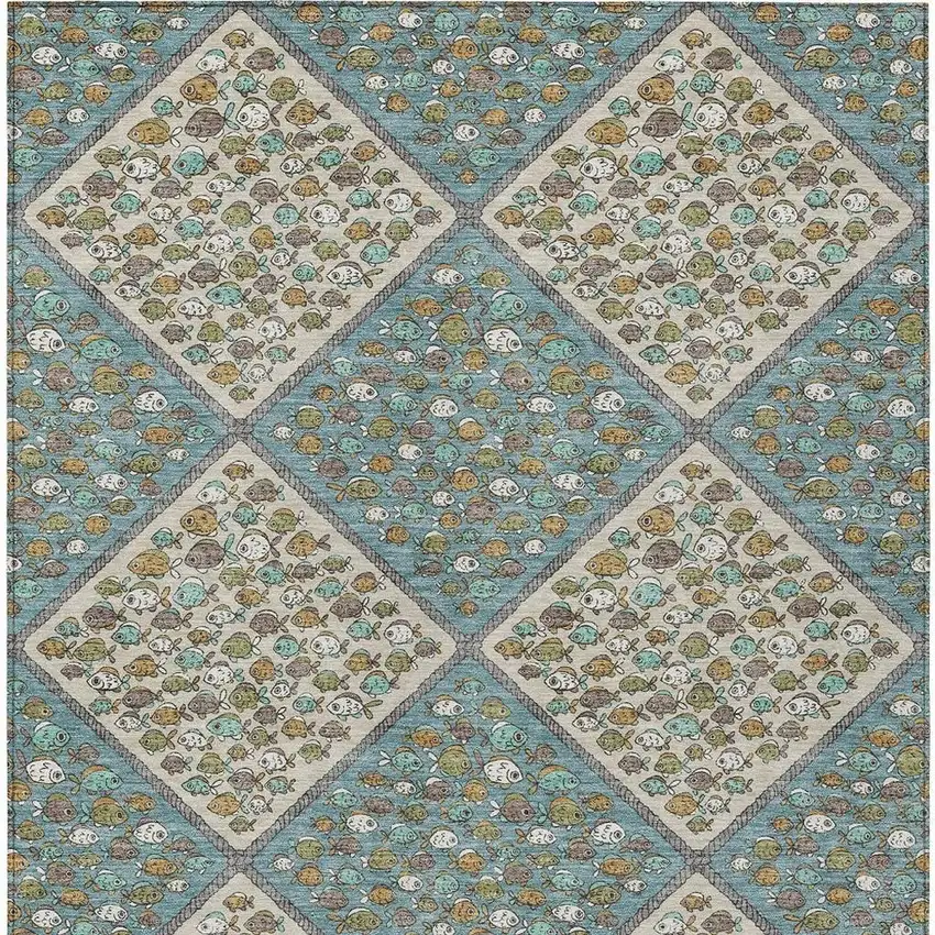Teal Blue And Beige Abstract Washable Indoor Outdoor Area Rug Photo 3