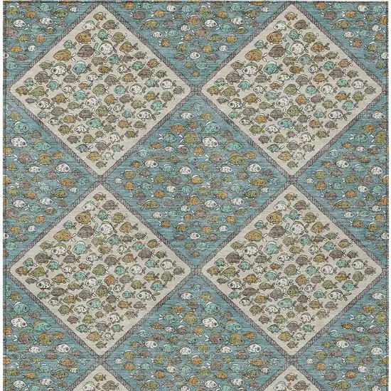 Teal Blue And Beige Abstract Washable Indoor Outdoor Area Rug Photo 3
