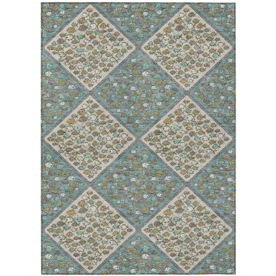 Teal Blue And Beige Abstract Washable Indoor Outdoor Area Rug Photo 1