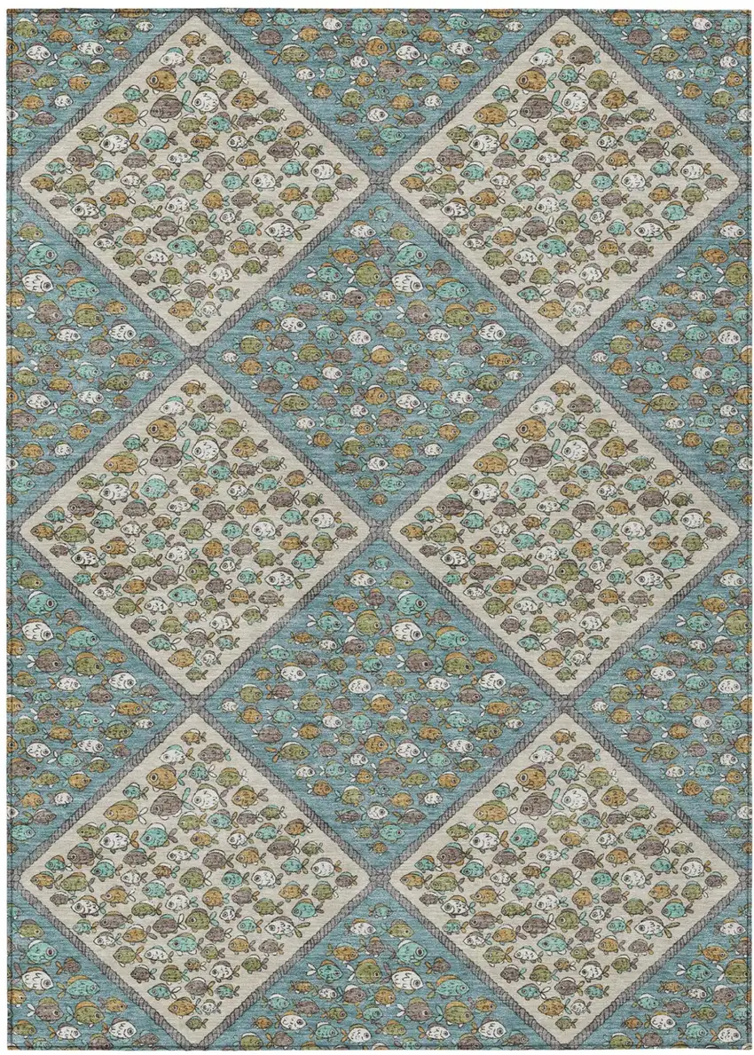Teal Blue And Beige Abstract Washable Indoor Outdoor Area Rug Photo 1
