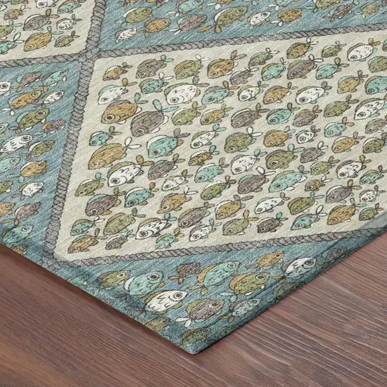 Teal Blue And Beige Abstract Washable Indoor Outdoor Area Rug Photo 4