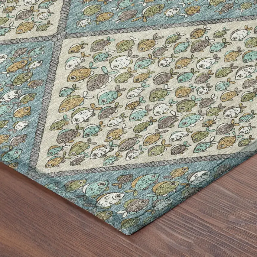 Teal Blue And Beige Abstract Washable Indoor Outdoor Area Rug Photo 4
