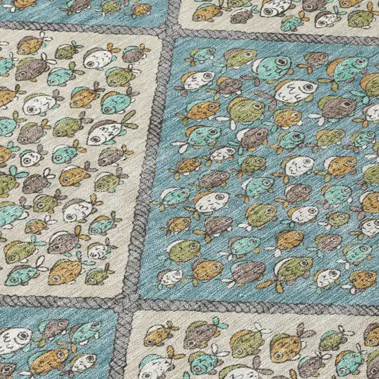 Teal Blue And Beige Abstract Washable Indoor Outdoor Area Rug Photo 5