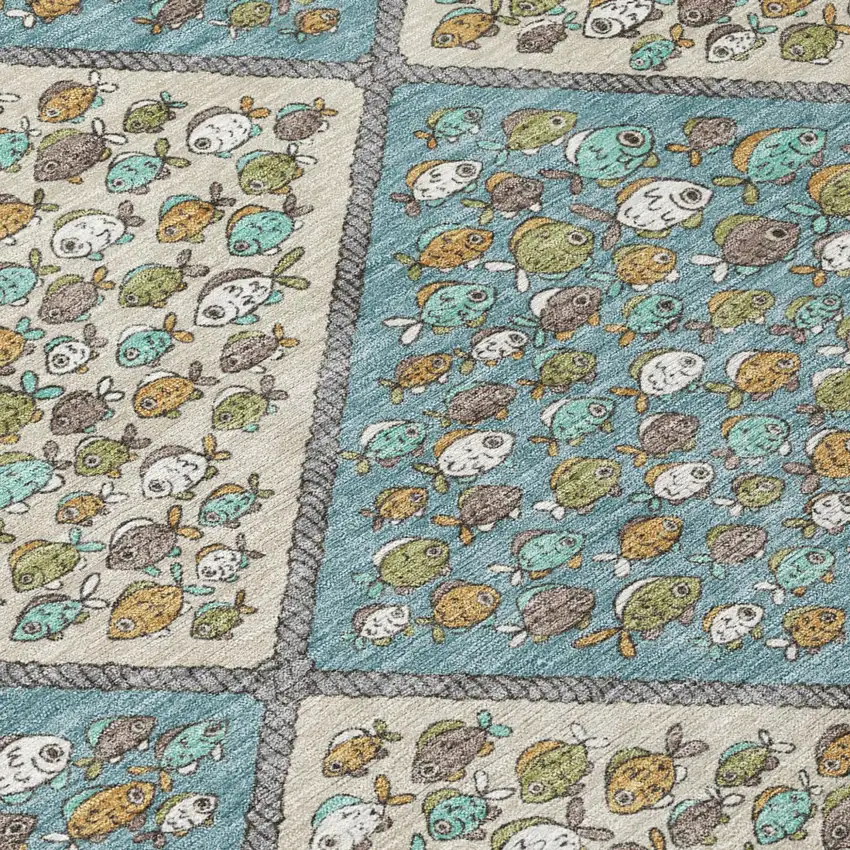 Teal Blue And Beige Abstract Washable Indoor Outdoor Area Rug Photo 5