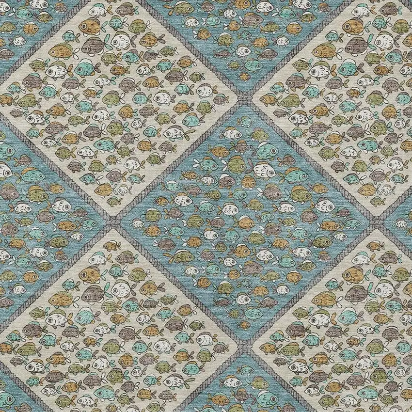 Teal Blue And Beige Abstract Washable Indoor Outdoor Area Rug Photo 2