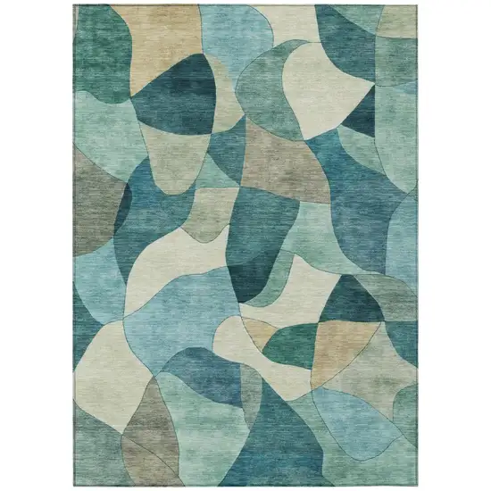 Teal Blue And Beige Abstract Washable Indoor Outdoor Area Rug Photo 2