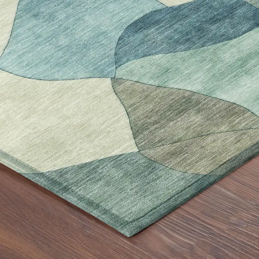 Teal Blue And Beige Abstract Washable Indoor Outdoor Area Rug Photo 3