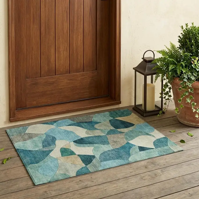 Teal Blue And Beige Abstract Washable Indoor Outdoor Area Rug Photo 1
