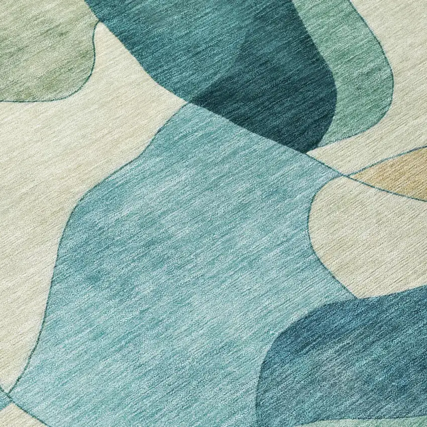 Teal Blue And Beige Abstract Washable Indoor Outdoor Area Rug Photo 4