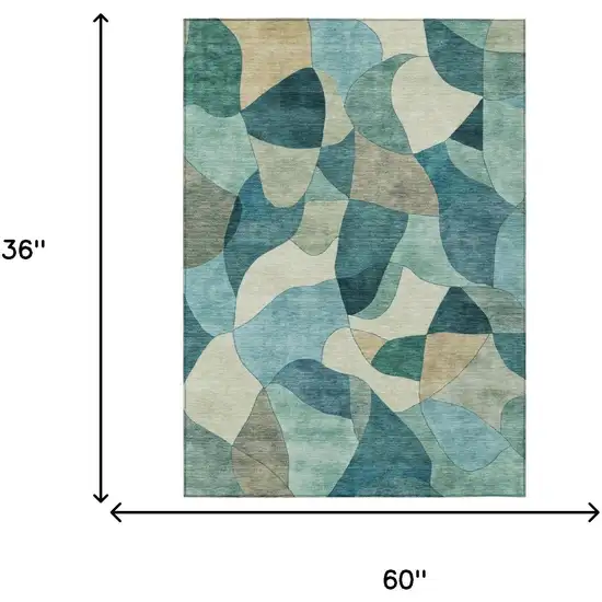 Teal Blue And Beige Abstract Washable Indoor Outdoor Area Rug Photo 5