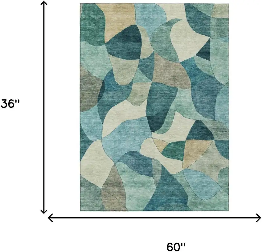 Teal Blue And Beige Abstract Washable Indoor Outdoor Area Rug Photo 5