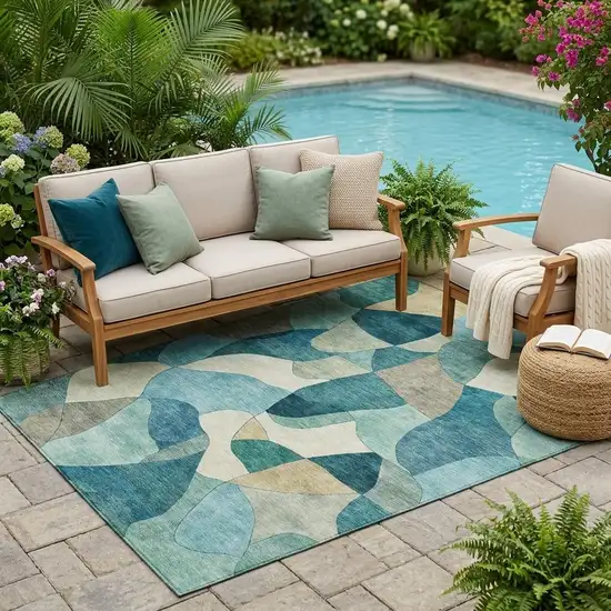 Teal Blue And Beige Abstract Washable Indoor Outdoor Area Rug Photo 1