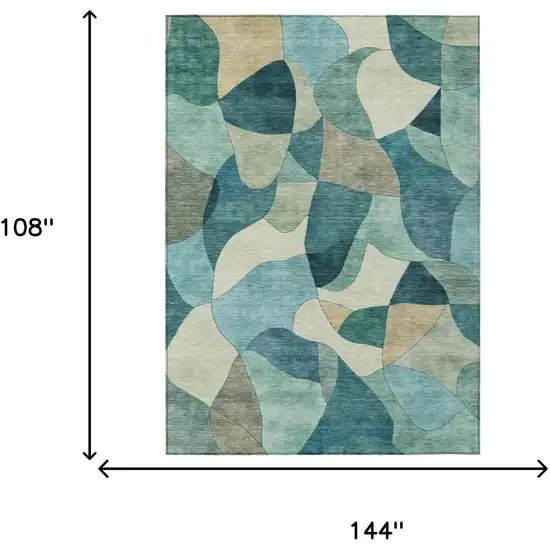 Teal Blue And Beige Abstract Washable Indoor Outdoor Area Rug Photo 5